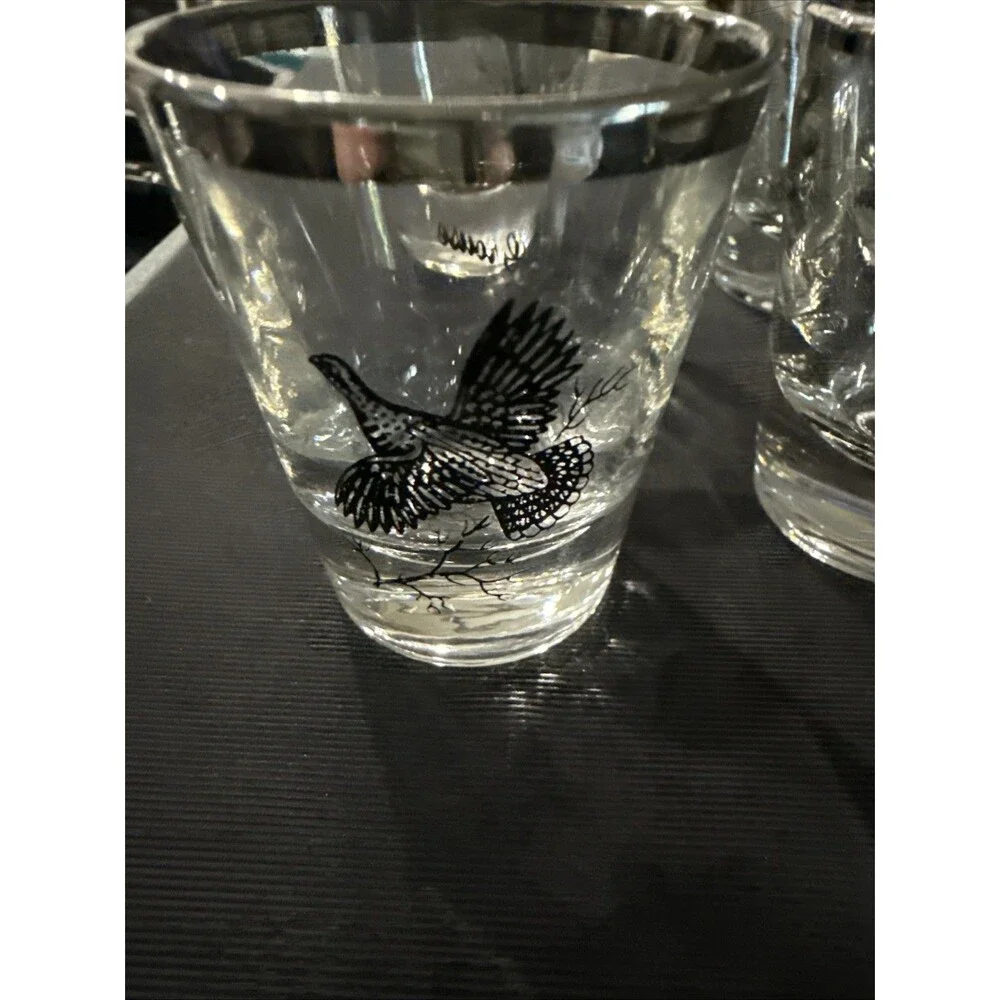 VTG Federal Glass Set 4 Goose, Pheasant, Grouse, Canvasback Clear/Black/Silver